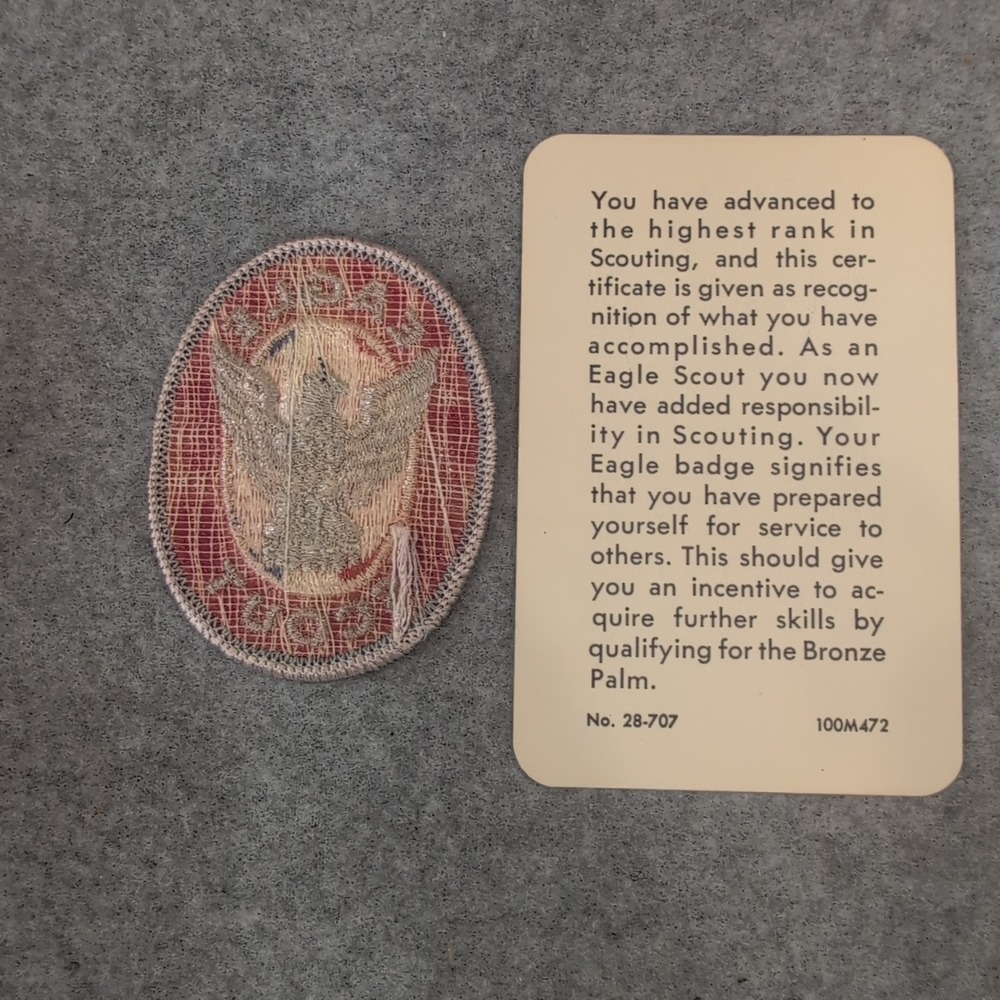 Vintage Eagle Scout Patch and Certification‎ Card 1974 Boy Scouts of America - Picture 2 of 2